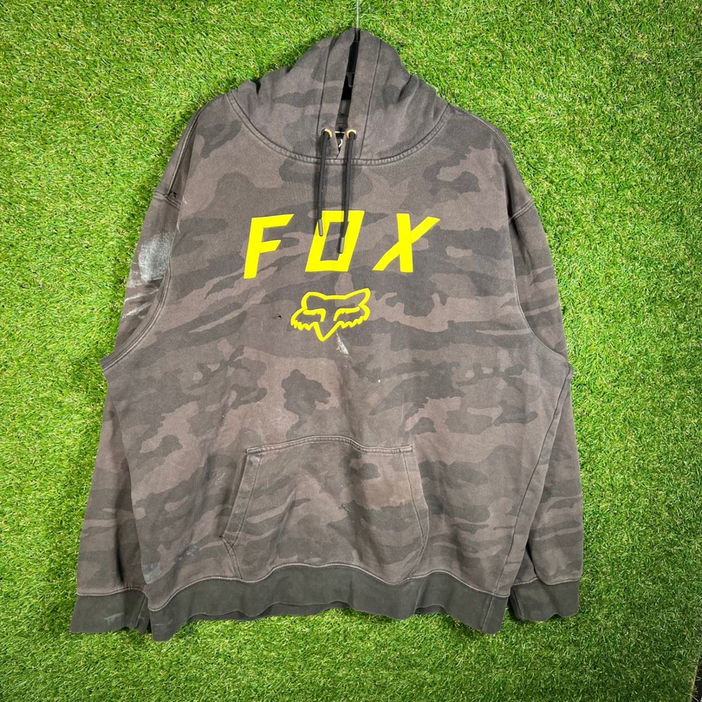 Fox Racing Mens XXL Grey Camo Pullover Hoodie Yellow Logo Graphic distressed